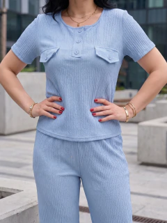 Conjunto 2 Piezas, Blusa Manga Corta y Pantalón Palazzo, Casual Elegante para Mujer - tienda en línea