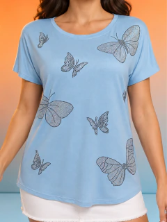 Blusa Casual para Mujer con Estampado de Mariposas, Manga Corta y Cuello Redondo, Estilo Chic y Femenino - comprar en línea