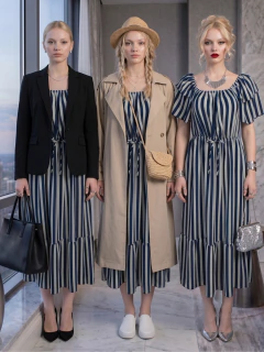 Vestido Midi de Rayas Verticales, Corte Favorecedor, Elegancia Casual y Estilo Sofisticado para Mujer en internet