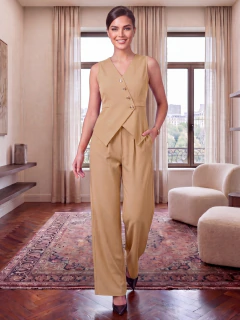 Conjunto Formal Mujer 2 Piezas | Chaleco Cruzado con Botones Dorados y Pantalón Palazzo