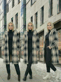 Abrigo Largo de cuadros para Mujer con Capucha, cardigan de cuadros, Chamarra Invierno Casual Elegante – Abrigo Acolchonado para Clima Frío