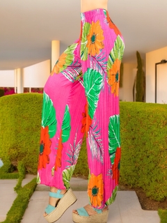 Pantalones de pierna ancha stretch con estampado y diseño plisado - tienda en línea