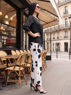 Conjunto de 2 Piezas, Blusa Manga 3/4 y Pantalón Estampado, Estilo Casual Chic Elegante para Mujer