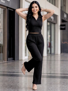Conjunto Casual para Mujer 2 Piezas con Top sin Mangas Tipo Polo y Pantalón Palazzo Tela Acanalada Stretch en internet