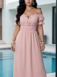 Vestido Midi Campesino Mujer con Hombros Descubiertos y Cintura Smock - comprar en línea