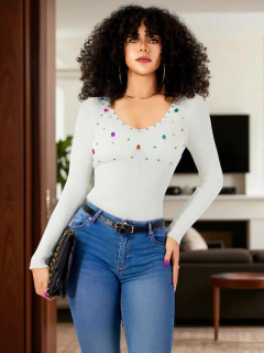 Suéter Mujer Cuello V brillos y Pedrería Moda Casual Chic - MALABIS