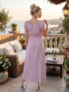 Imagen de Vestido Largo Midi Rayado con Mangas Abullonadas, Cintura Elastizada y Falda Fluida para Mujer