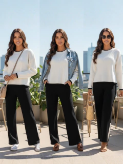 Outfit Mujer 2 piezas Suéter y Pantalón Bicolor Tejido Grueso