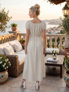 Imagen de Vestido Largo Midi Rayado con Mangas Abullonadas, Cintura Elastizada y Falda Fluida para Mujer