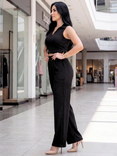 Conjunto Casual para Mujer 2 Piezas con Top sin Mangas Tipo Polo y Pantalón Palazzo Tela Acanalada Stretch - comprar en línea