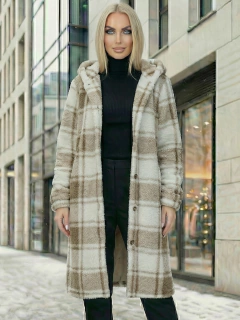 Abrigo Largo de cuadros para Mujer con Capucha, cardigan de cuadros, Chamarra Invierno Casual Elegante – Abrigo Acolchonado para Clima Frío