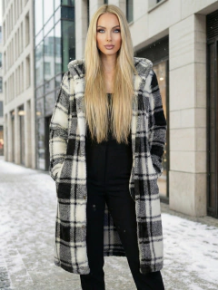 Abrigo Largo de cuadros para Mujer con Capucha, cardigan de cuadros, Chamarra Invierno Casual Elegante – Abrigo Acolchonado para Clima Frío