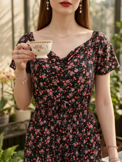 Vestido Midi Floral Mujer con Short Integrado | Escote Drapeado | Cintura Elástica | Unitalla - comprar en línea