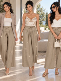 Imagen de Pantalón de Pierna Ancha con Brillos, Tiro Alto y Lazo, Elegante y Sofisticado para Mujer