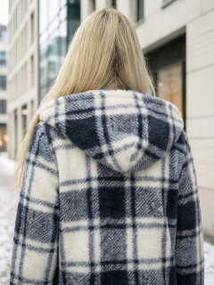 Abrigo Largo de cuadros para Mujer con Capucha, cardigan de cuadros, Chamarra Invierno Casual Elegante – Abrigo Acolchonado para Clima Frío