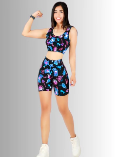 Conjunto deportivo Blusa Crop inconsútil con Shorts biker Estampado Set de 2 Piezas - MALABIS