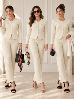Conjunto Mujer 2 Piezas Tejido Acanalado | Suéter + Pantalón Pierna Ancha | Sets Outfits Elegantes - comprar en línea