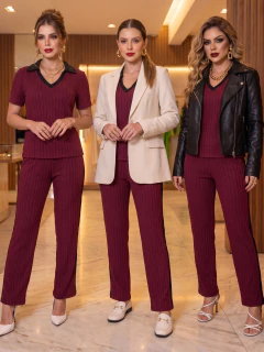 Conjunto Casual Elegante Acanalado con Cuello Polo y Pantalón Recto de Corte Cómodo - MALABIS