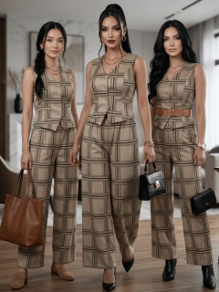 Imagen de Conjunto de Mujer de Dos Piezas | Chaleco sin Mangas y Pantalón de Pierna Ancha | Set Estampado con Botones y Corte Recto