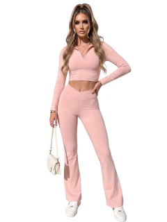 Conjunto Mujer 2 Piezas, Estilo Deportivo Elegante con Top de Cierre y Pantalón Largo - comprar en línea