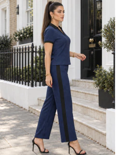 Imagen de Conjunto Casual 2 Piezas, Blusa Manga Corta con Cuello y Pantalón Palazzo, Casual Elegante para Mujer