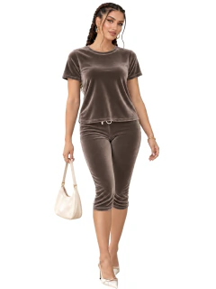 Conjunto Aterciopelado 2 Piezas, Blusa Manga Corta y Pantalón Capri Ajustado, Casual Elegante para Mujer - tienda en línea