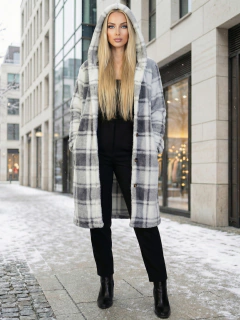 Abrigo Largo de cuadros para Mujer con Capucha, cardigan de cuadros, Chamarra Invierno Casual Elegante – Abrigo Acolchonado para Clima Frío - MALABIS