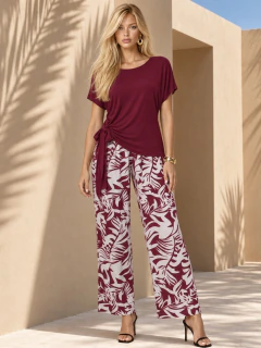 Conjunto 2 Piezas para Mujer, Blusa con Amarre Lateral y Pantalón Estampado, Elegante y Moderno