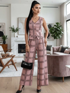 Conjunto de Mujer de Dos Piezas | Chaleco sin Mangas y Pantalón de Pierna Ancha | Set Estampado con Botones y Corte Recto - tienda en línea