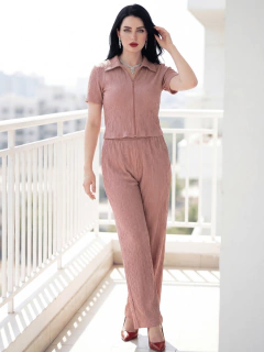 Conjunto Mujer 2 Piezas Blusa y Pantalón | Set Casual Elegante Texturizado | Blusa con Cierre y Cuello en internet
