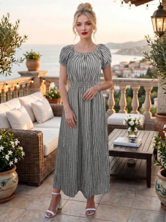 Vestido Largo Midi Rayado con Mangas Abullonadas, Cintura Elastizada y Falda Fluida para Mujer en internet