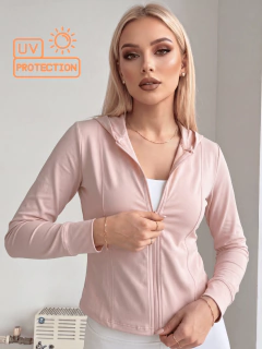 Sudadera Deportiva Mujer con Cierre y Capucha | Chamarra Ligera Protección UV | Tela Stretch de Secado Rápido