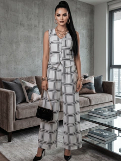 Conjunto de Mujer de Dos Piezas | Chaleco sin Mangas y Pantalón de Pierna Ancha | Set Estampado con Botones y Corte Recto - comprar en línea