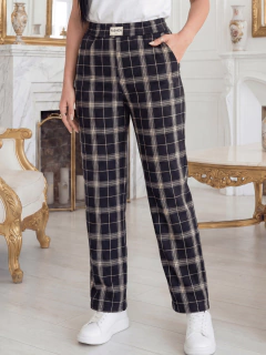 Pantalón Recto Mujer Cuadros | Pants Casual con Bolsas y Pretina Elástica