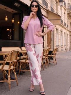 Conjunto de 2 Piezas, Blusa Manga 3/4 y Pantalón Estampado, Estilo Casual Chic Elegante para Mujer en internet