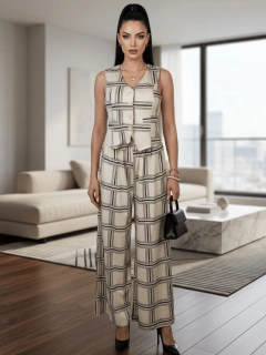 Conjunto de Mujer de Dos Piezas | Chaleco sin Mangas y Pantalón de Pierna Ancha | Set Estampado con Botones y Corte Recto - MALABIS