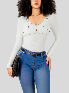 Suéter Mujer Cuello V brillos y Pedrería Moda Casual Chic