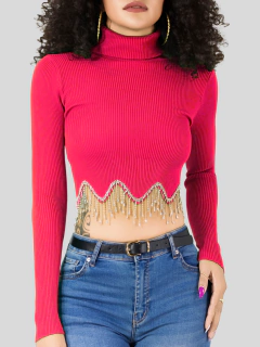 Suéter Mujer Corto Metalizado Cuello Alto Estilo Chic en internet