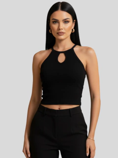 Blusa mujer cuello alto crop top acanalada con tirantes
