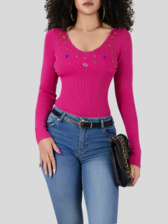 Suéter Mujer Cuello V brillos y Pedrería Moda Casual Chic - comprar en línea