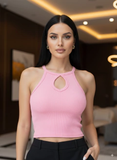 Blusa mujer cuello alto crop top acanalada con tirantes - tienda en línea