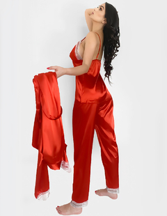 Conjunto Pijama Satin 3 Piezas Pantalón Blusa Camison Mujer - MALABIS