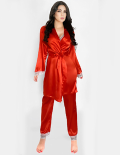 Imagen de Conjunto Pijama Satin 3 Piezas Pantalón Blusa Camison Mujer