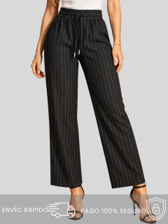 Pantalón Mujer Pierna Ancha con Rayas | Cintura Alta Elástica | Palazzo Casual Cómodo