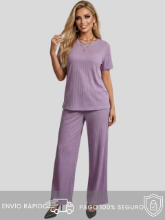 Conjunto de Mujer 2 Piezas | Playera y Pantalón Recto Tela Stretch con Brillos | Set Cómodo Elegante Casual