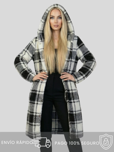 Abrigo Largo de cuadros para Mujer con Capucha, cardigan de cuadros, Chamarra Invierno Casual Elegante – Abrigo Acolchonado para Clima Frío