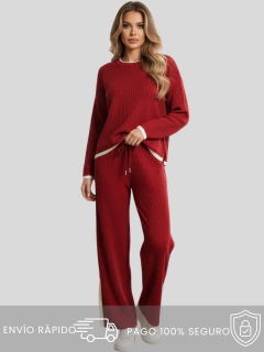 Outfit Mujer 2 piezas Suéter y Pantalón Bicolor Tejido Grueso