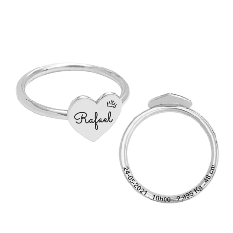Anel Coração Nome Personalizado e Nascimento - Prata 925
