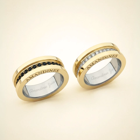 Par de Alianças Tokio Estilo Bulgari com Pedras - Borda Alta - Moeda Antiga + Gravação Grátis - comprar online