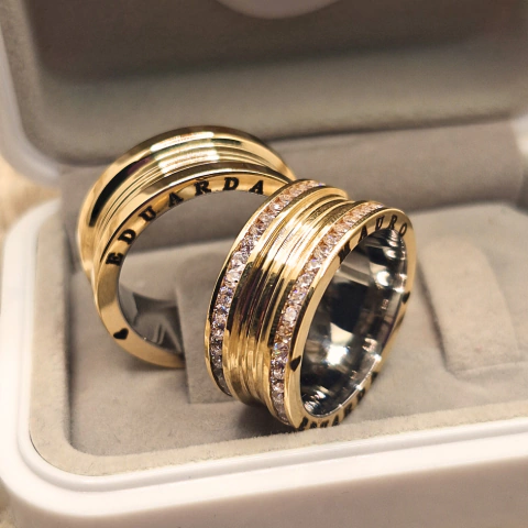 Par de Alianças Luxo 10mm - Estilo Bulgari de Moeda Antiga + GRAVAÇÃO dos Nomes - comprar online